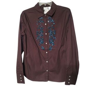 Newport News Brown Beaded Decorative Western Button Down Casual Top Size 12